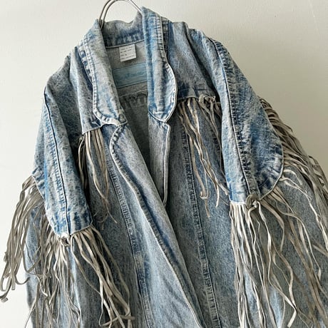 Euro Vintage Leather fringe Design Bleach Denim JKT