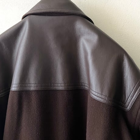Vintage Fake Leather & Melton Wool Design Half Coat