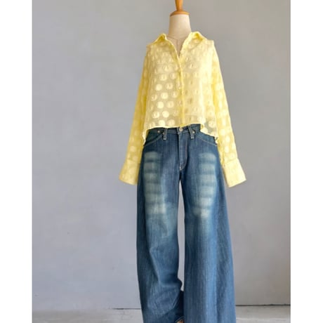 Lemon Color Flower Dot Pattern Short Sheer Shirt