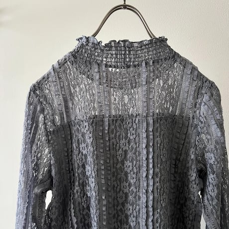 Gray Color Lace Design Mock Neck Blouse