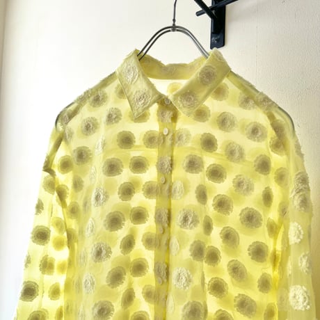 Lemon Color Flower Dot Pattern Short Sheer Shirt