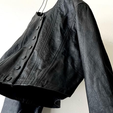 Vintage No Collar Design Short Leather JKT