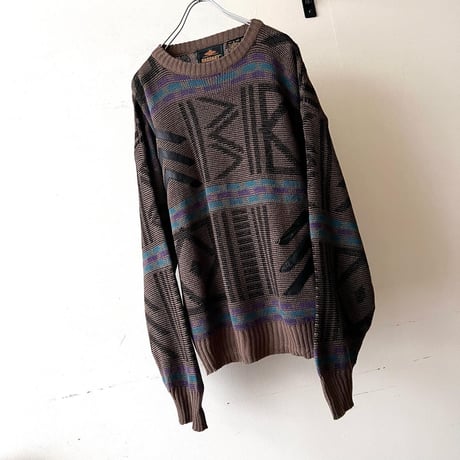 90's Leather Mix Geometric Pattern Knit Sweater