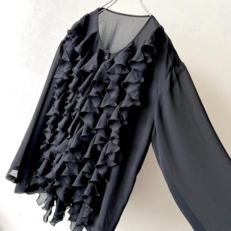 Vintage See-through No Collar Frill Design Blouse