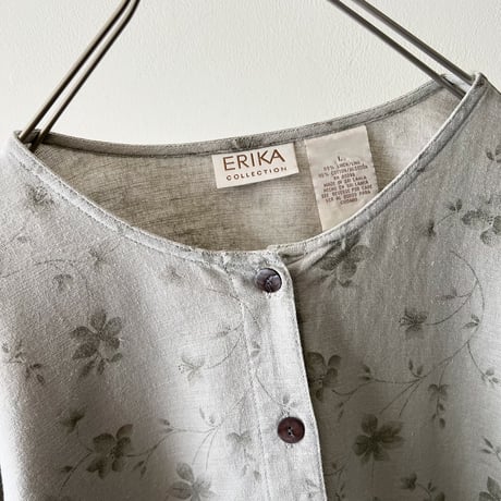 Vintage Flower Pattern Linen Cotton No Collar JKT