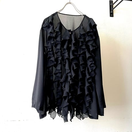 Vintage See-through No Collar Frill Design Blouse