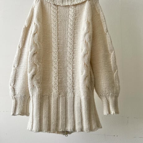 High Neck Design Aran Knit Zip-up Cardigan
