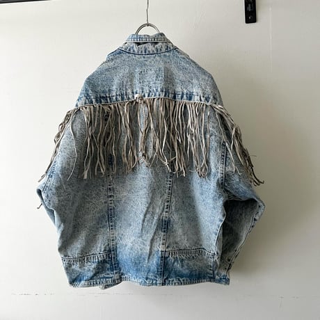 Euro Vintage Leather fringe Design Bleach Denim JKT