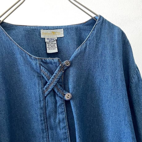 90's No Collar Design Denim Shirt