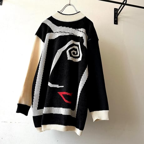 Vintage "Face"Art Pattern Mock Neck Knit Sweater