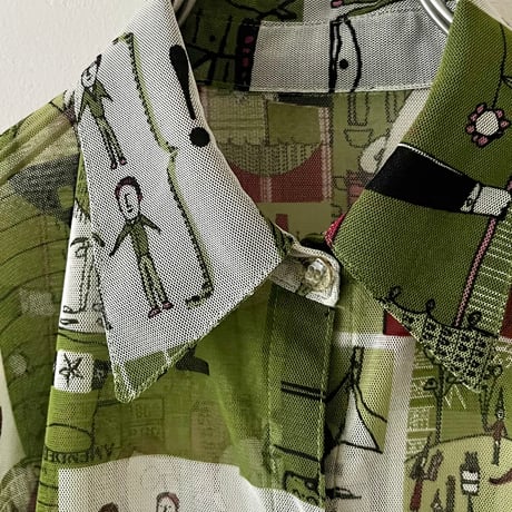 Vintage Comic Pattern Sheer Shirt Blouse
