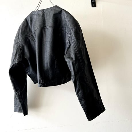 Vintage No Collar Design Short Leather JKT