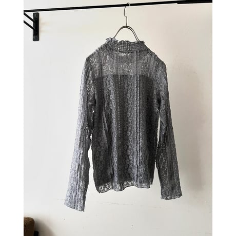 Gray Color Lace Design Mock Neck Blouse