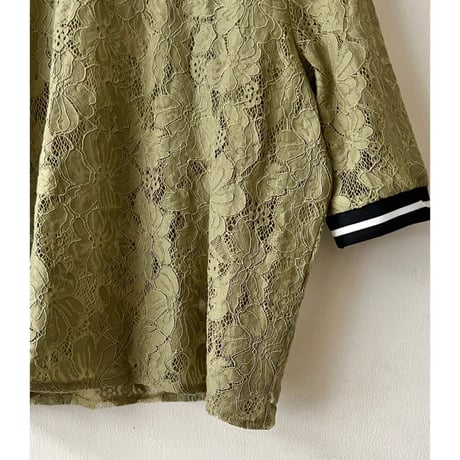 Khaki Color Flower Lace Design Short Ringer Tee