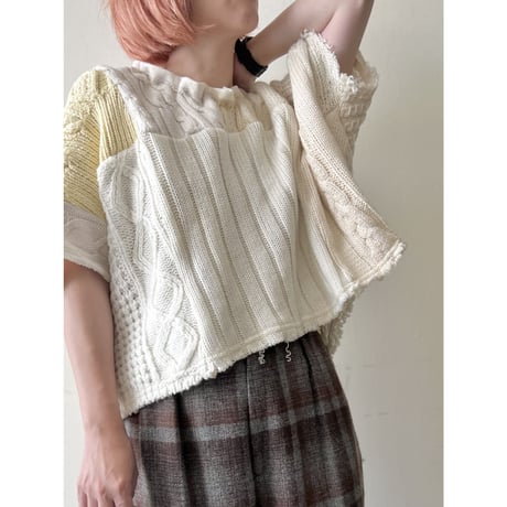 Remake "Patchwork " Half Sleeve Aran Knit Sweater