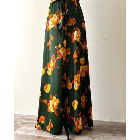 70-80's Vintage Flower Pattern No Sleeve Flare Pants Jump-suit