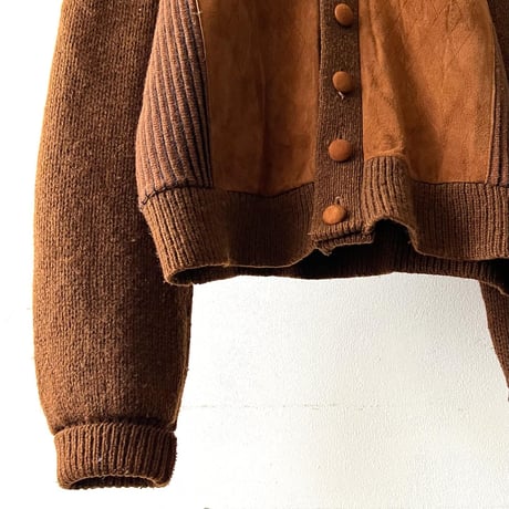 Vintage Argyle Emboss Design Leather & Knit Cardigan