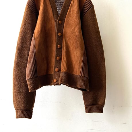 Vintage Argyle Emboss Design Leather & Knit Cardigan