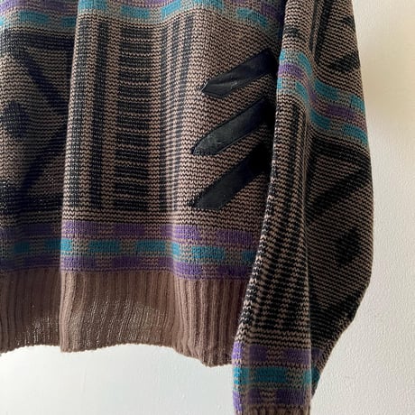 90's Leather Mix Geometric Pattern Knit Sweater