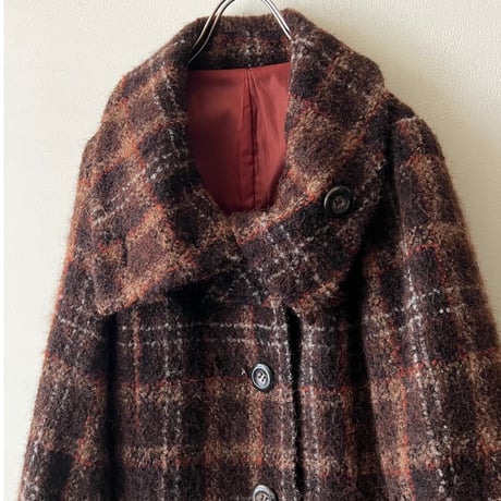 Vintage Plaid Pattern Shaggy Wool Long Rib Coat