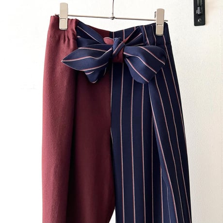 Bi-color Design Waist Ribbon Wide Flare Pants