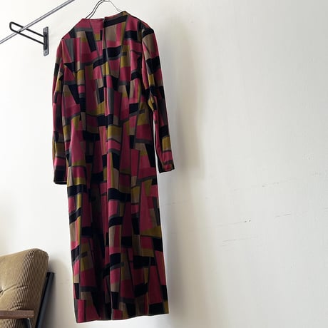 80-90's Geometric Pattern Velours Long Dress