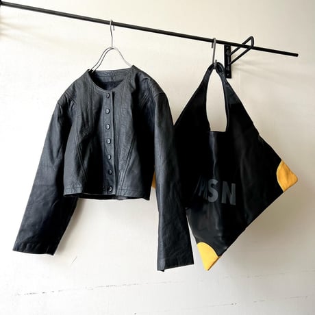 Vintage No Collar Design Short Leather JKT