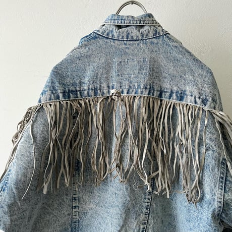 Euro Vintage Leather fringe Design Bleach Denim JKT