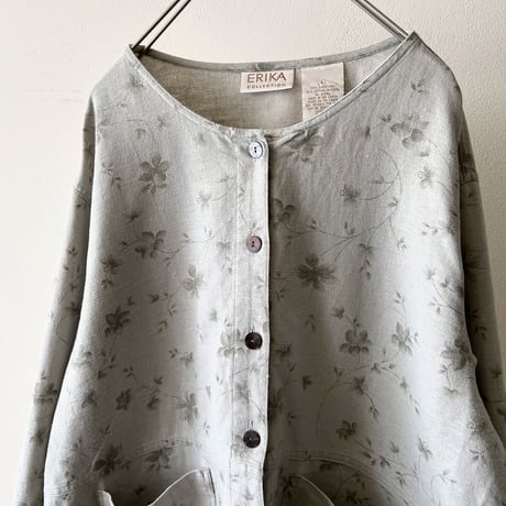 Vintage Flower Pattern Linen Cotton No Collar JKT