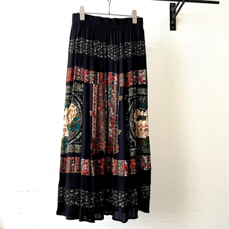 Vintage Flower Pattern Pleats Maxi Skirt