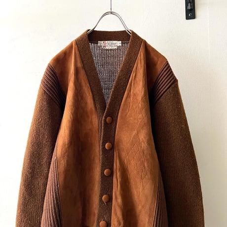 Vintage Argyle Emboss Design Leather & Knit Cardigan