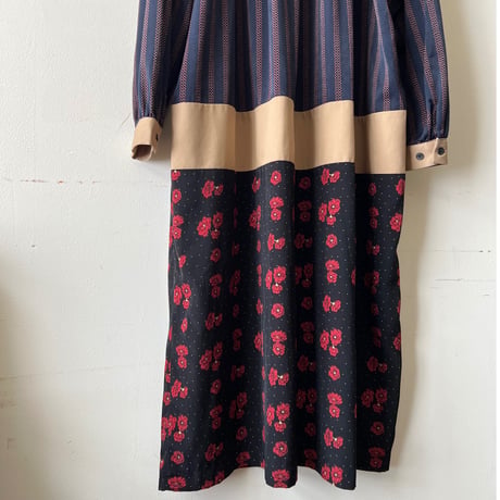Stripe & Flower Pattern Docking Maxi Dress