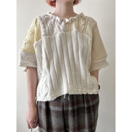 Remake "Patchwork " Half Sleeve Aran Knit Sweater