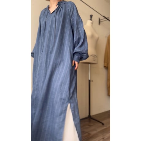 【即納品】スキッパーギャザードレス/アッシュブルー