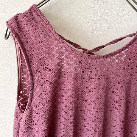 Lace Design No Sleeve Waist Shirring Dress