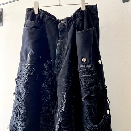 ︎ " rebuild " Black Denim Grunge Wide Flare Pants