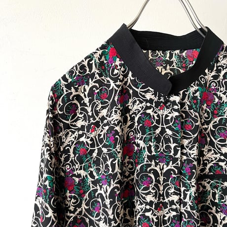 Vintage Flower Pattern Band Collar Shirt Blouse