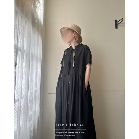 【即納品】ギャザーワンピース(ショートスリーブ)ブラック120丈