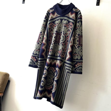 Vintage Damask Pattern Mock Neck Knit Dress