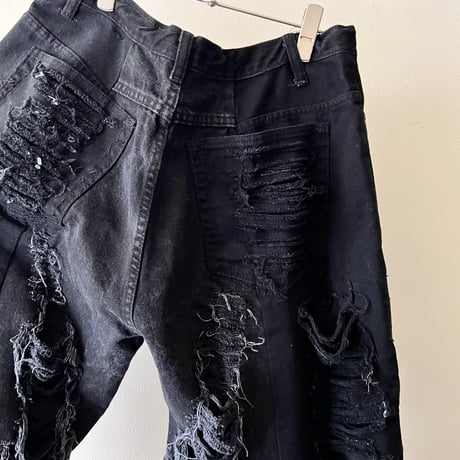 ︎ " rebuild " Black Denim Grunge Wide Flare Pants