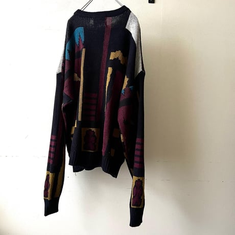 90's Leather Mix Geometric Pattern Knit Sweater
