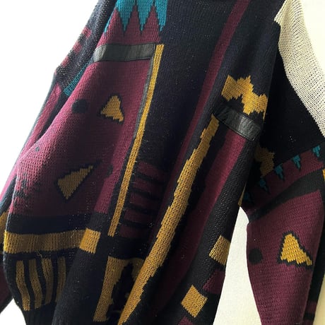 90's Leather Mix Geometric Pattern Knit Sweater