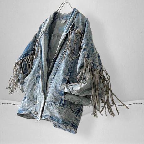 Euro Vintage Leather fringe Design Bleach Denim JKT