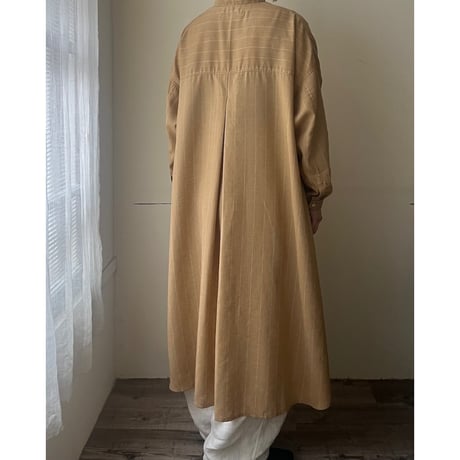 【即納品】シャツワンピース/リネン&ポリエステル/オーカーストライプ