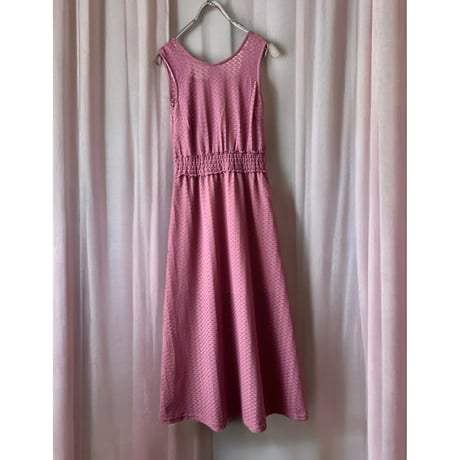 Lace Design No Sleeve Waist Shirring Dress