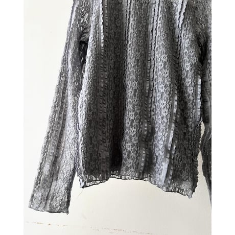 Gray Color Lace Design Mock Neck Blouse