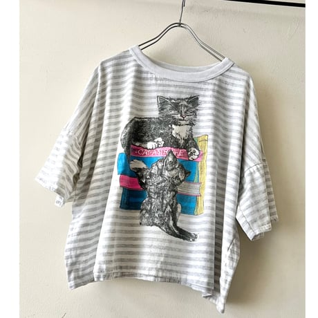 90's Border Pattern Cat Print Short Tee