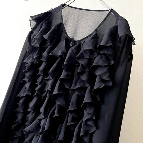 Vintage See-through No Collar Frill Design Blouse