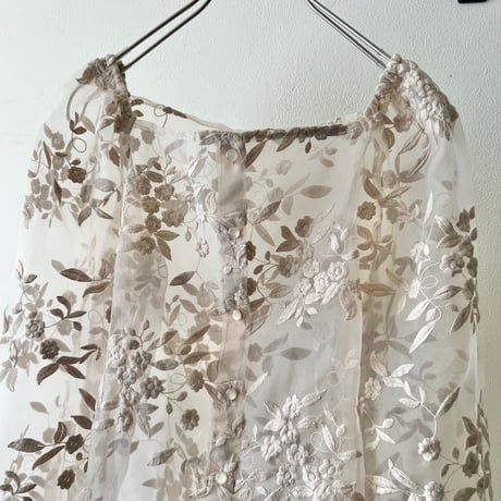 Embroidery Botanical Pattern Short Sheer Blouse