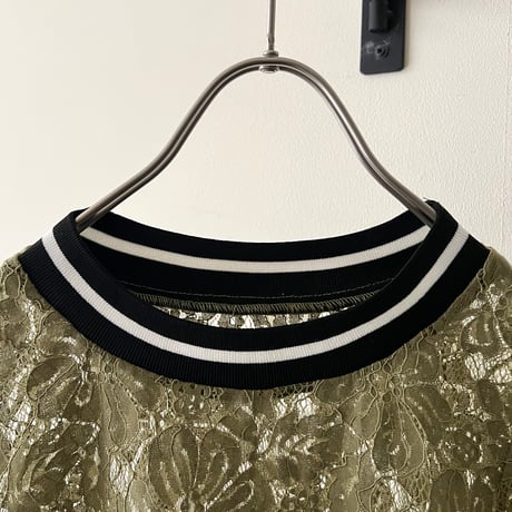 Khaki Color Flower Lace Design Short Ringer Tee